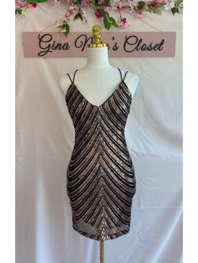 Lovely Day Women's Black and Rose Sequin Mini Dress with Strappy Open Back, Size